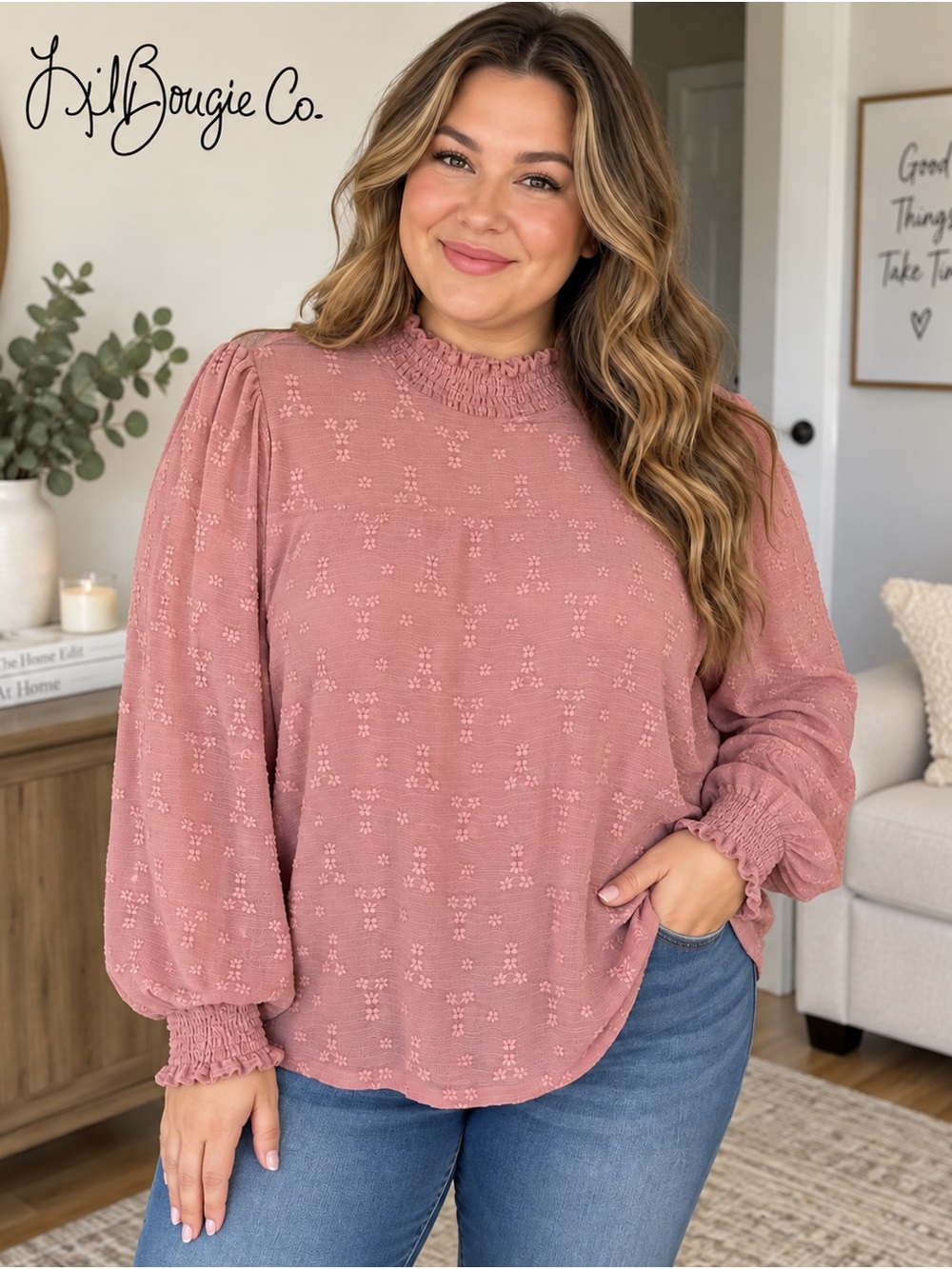 Adrianna Papell Dusty Rose Smocked-Neck Long Sleeve Blouse - Size XL Plus Size